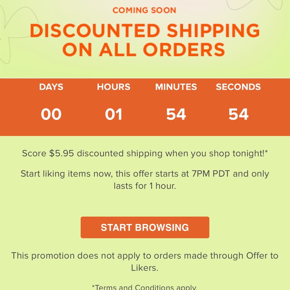 DISCOUNTED SHIPPING TONIGHT FOR 1 HOUR
